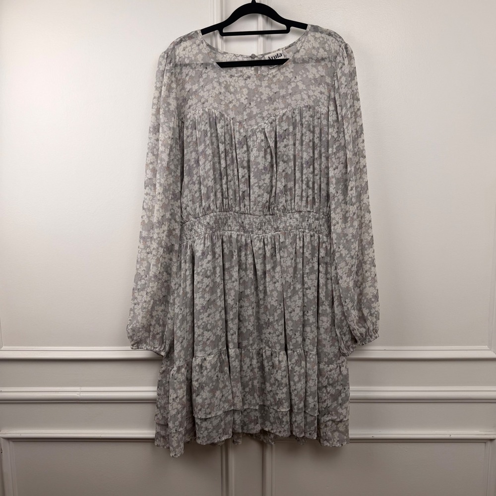 Arula Floral Smocked Mini Dress Gray‎ Multi Long Sleeve Tiered Ruffle 1X NEW